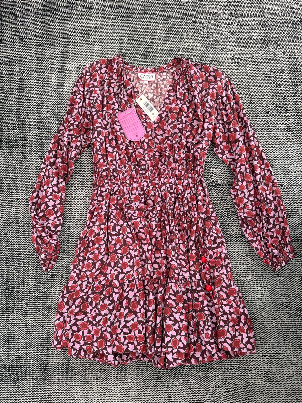 Omika Irma mini felice plum Pink and Red Floral Tiered Long-Sleeve Dress Small